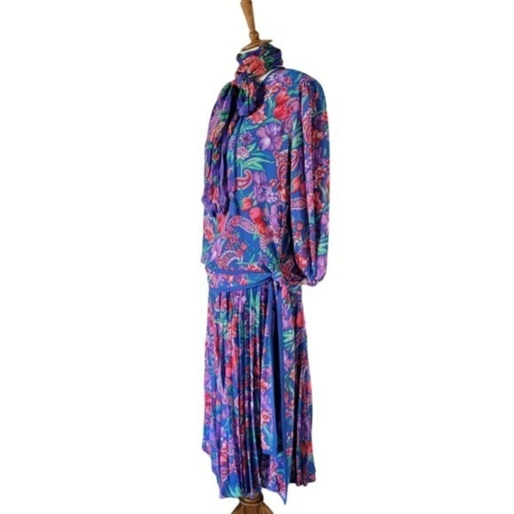 Vintage 80's Diane Freis Original Blue Floral Georgette Floral 3 Piece Set - Picture 5 of 7